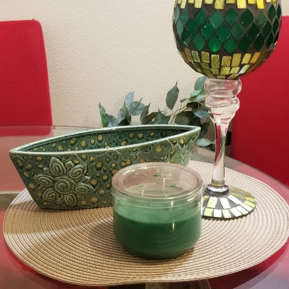 3 PIECE GREEN & GOLD MOSIAC CANDLE HOLDER/ BOWL/PLANTER, CANDLE BUNDLE SET - Picture 13 of 13